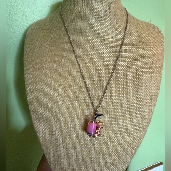 Adorable Gold Teddy Bear with Pink Bubble Tea Pendant Necklace - Picture 2 of 6